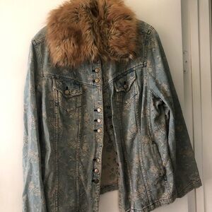 Vintage Lane Bryant Light Blue Floral Denim Jacket w/faux fur removable collar